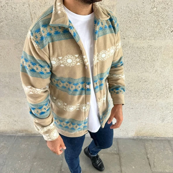 Erkek Desenli Polar Gömlek – Etnik Şerit Desen Yakalı, Uzun Kollu, Düğmeli, Oversize Rahat Kalıp - Sarı - Resim 3