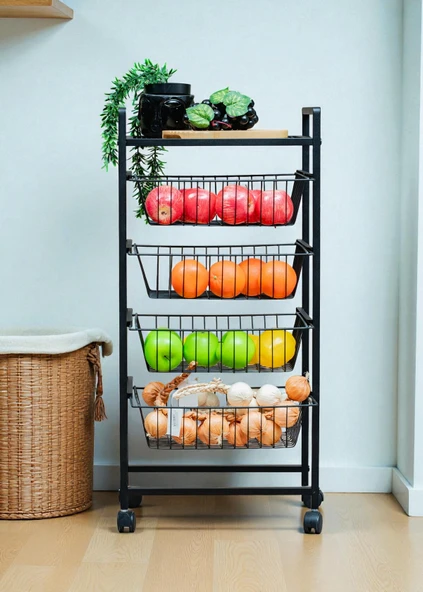 DEKORATİF SİYAH METAL SEBZELİK TEKERLEKLİ 4 RAFLI TEL SEPETLİ ÇOK AMAÇLI STAND - 2