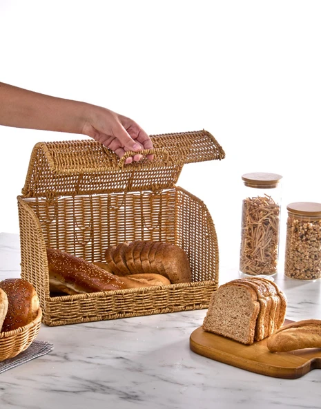 Doğal Rattan Ekmek Kutusu - Kapaklı Mutfak Düzenleyici Ekmeklik - Resim 2