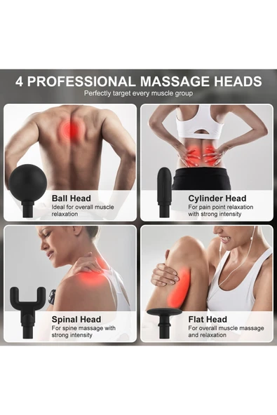Glr FH-318 Beyaz Uzun Saplı Masaj Tabancası 6 Hızlı Profesyonel Perküsyon Kas Masajı | 4 Başlıklı - 6