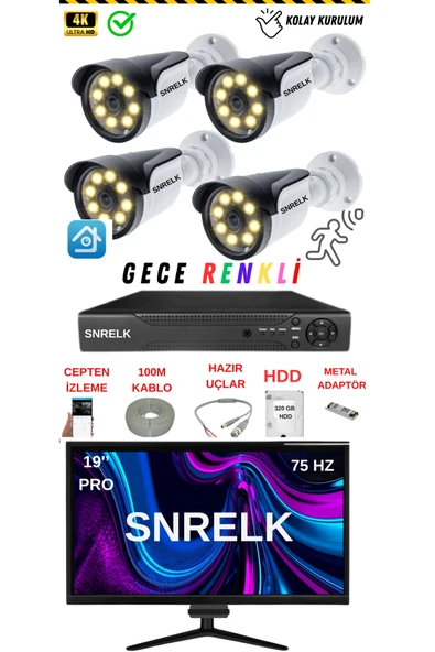 SNRELK 19'' Monitör 5mp Lens 4'Lü Warm Lıght Gece Renkli 320 Gb Güvenlik Kamerası set ürün görseli