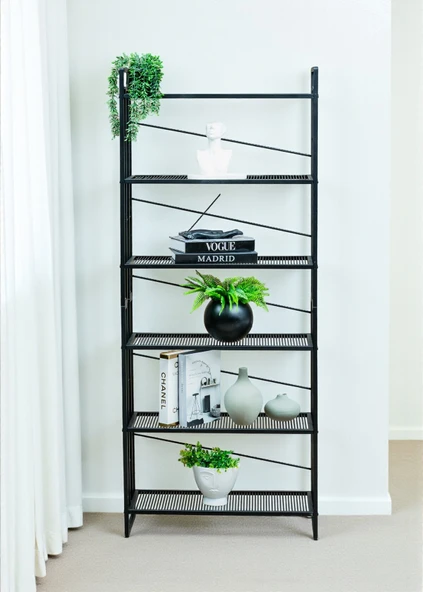 DEKORATİF SİYAH METAL KİTAPLIK 6 RAFLI ÇOK AMAÇLI STAND SALON VE ÇALIŞMA ODASI DÜZENLEYİCİ - 8