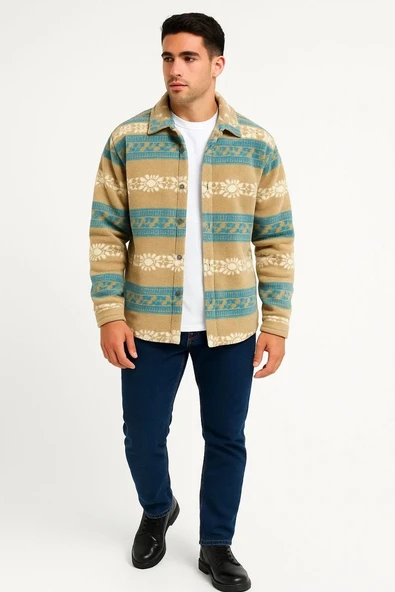 Erkek Desenli Polar Gömlek – Etnik Şerit Desen Yakalı, Uzun Kollu, Düğmeli, Oversize Rahat Kalıp - Sarı ürün görseli 1