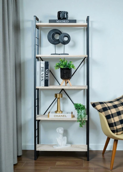 DEKORATİF BEYAZ AHŞAP RAFLI METAL KİTAPLIK ÇOK AMAÇLI 5 RAFLI DOLAP MATKAPSIZ KOLAY KURULUM - 7