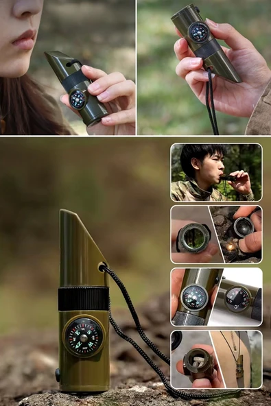 7si 1arada Acil Durum Düdüğü,El Feneri, Termometre,Pusula,Büyüteç,Depolama Bölmeli Kampçı Düdüğü - Resim 6