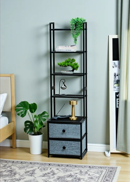 DEKORATİF SİYAH METAL KİTAPLIK 5 RAFLI 2 ÇEKMECELİ KOMİDİN ÇOK AMAÇLI STAND ORGANİZER - 3