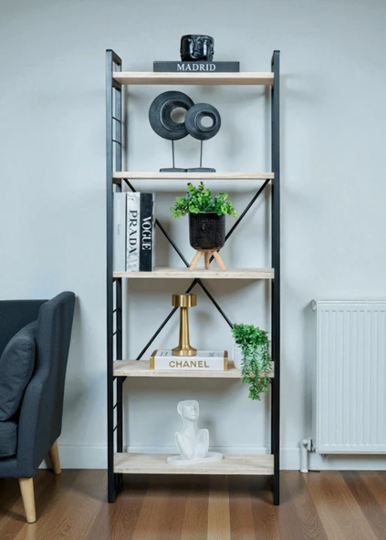 DEKORATİF BEYAZ AHŞAP RAFLI METAL KİTAPLIK ÇOK AMAÇLI 5 RAFLI DOLAP MATKAPSIZ KOLAY KURULUM - 2