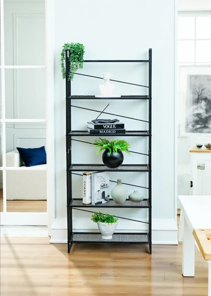 DEKORATİF SİYAH METAL KİTAPLIK 6 RAFLI ÇOK AMAÇLI STAND SALON VE ÇALIŞMA ODASI DÜZENLEYİCİ