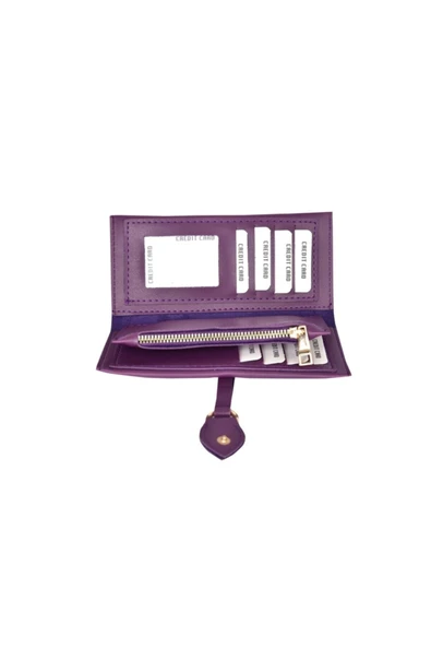 Yumuşak Derili Tokalı Ve Çok Bölmeli Kadın Cüzdan Mor - Resim 3