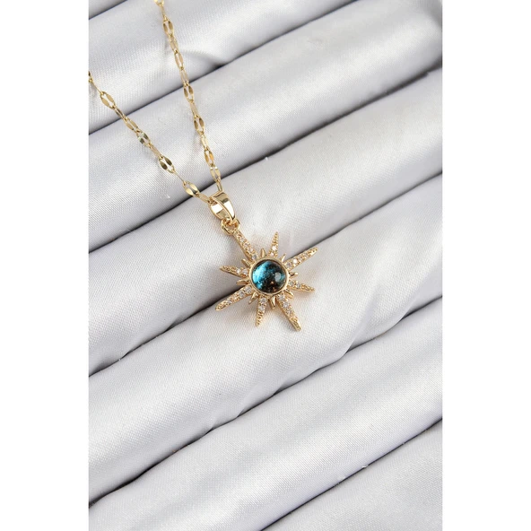 316L Çelik Zirkon Taşlı Kutup Yıldızı Model Gold Renk Kadın Kolye Vice-5353