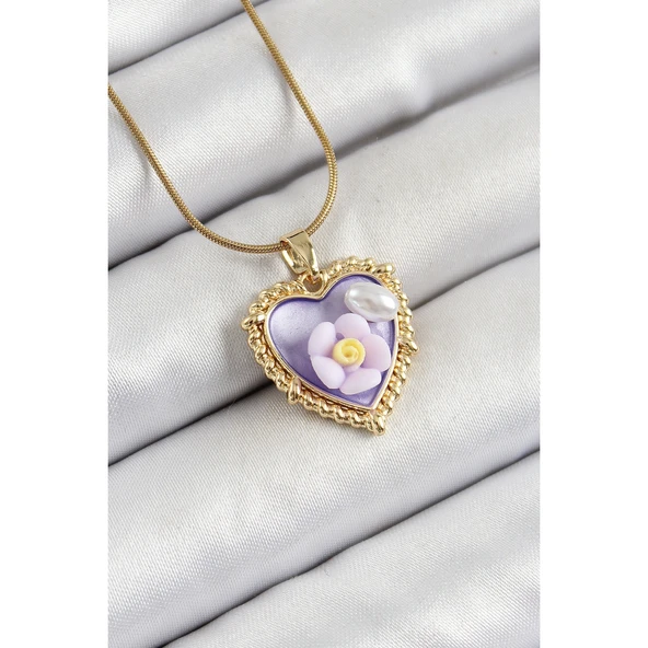 316L Çelik Zincir Mor Sanatsal Portre İnci Detaylı Papatya Figürlü Kalp Model Gold Renk Kadın Kolye Vice-5353