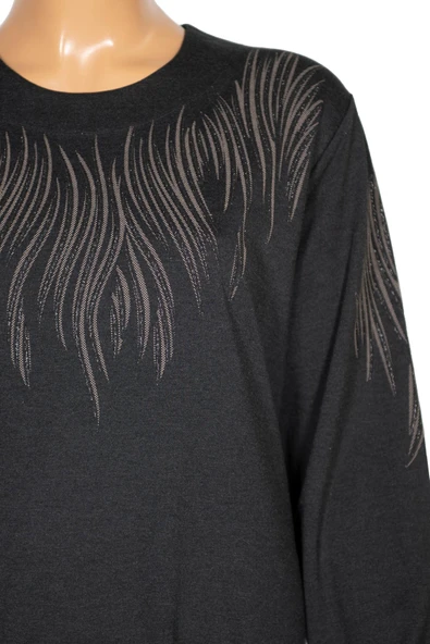 Hesna Kadın Ferda Kışlık Battal Beden Boydan Baskılı Siyah Elbise - Resim 2