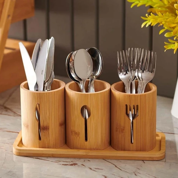 Bambu Çatal ve Bıçaklık Tekli Doğal Bambu Malzemeli Mutfak Düzenleyici Estetik ve Dayanıklı Çatal Kaşık Bıçak Tutucu Organizer Aksesuar - Resim 2