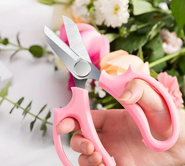 Bahçe Çiçek Makası, Keskin Paslanmaz Çelik Çiçek Makası, Budama Makası Çok Amaçlı Makas PEMBE - 2
