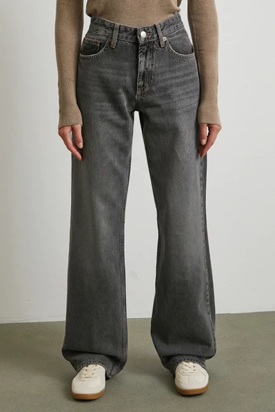 Beş Cepli Yüksek Bel Jean Gri - 5