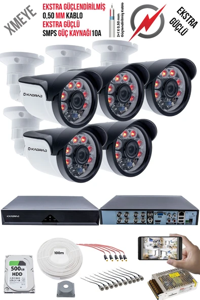 5 Kameralı Güvenlik Kamera Seti - Ekstra Uzun Mesafeli Güçlü, 5MP Sony Lens, 70m Dayanıklı Kablolama, 6 Atom LED, 500  H.D.D ürün görseli