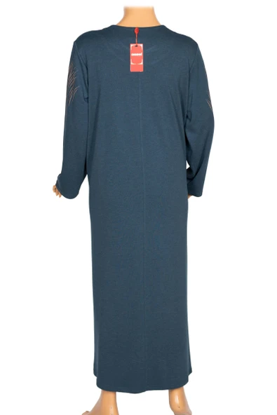 Hesna Kadın Elvan Kışlık Büyük Beden Boydan Baskılı Petrol Elbise - Resim 4