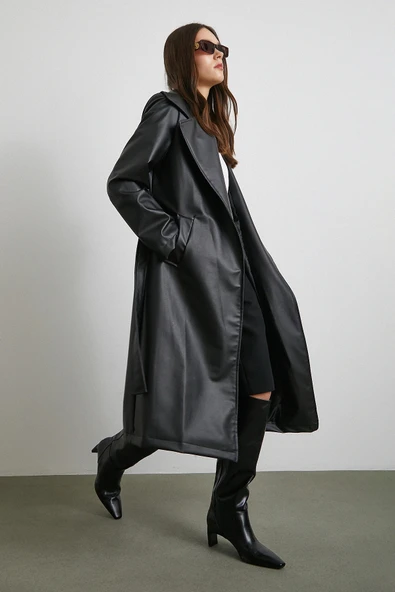 Kuşaklı Deri Pardesü Siyah - Resim 4