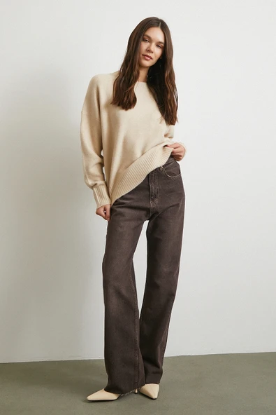 Yüksek Bel Beş Cepli Kesik Paça Jean Kahve - 3