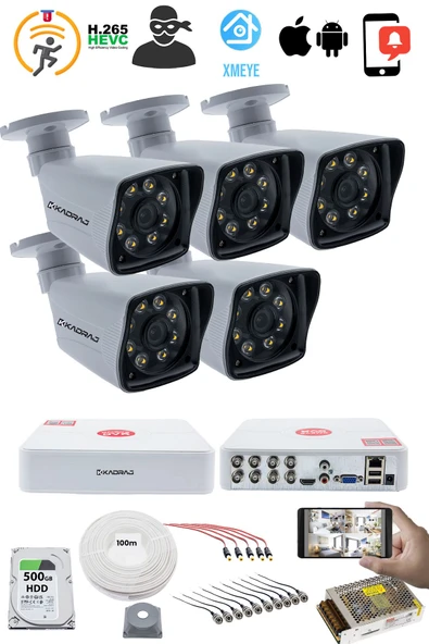 5 Kameralı Güvenlik Kamerası Seti - 5MP Sony SecuLensli 1080p Full HD AHD, 8 Ultra Warm LED, Gece Renkli Görüş, V1 - Resim 2