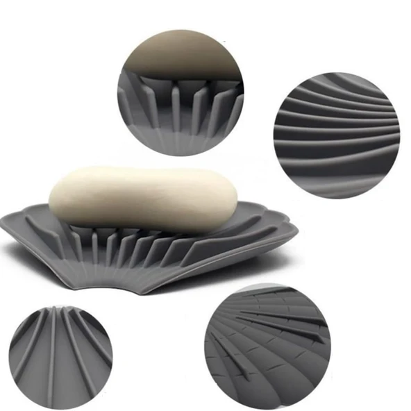 Gri Renk Kaymaz İstiridye Şekilli Silikon Sabunluk Sabun Depolama Tutucu ve Taşınabilir Sabunluk Plakası - Resim 6