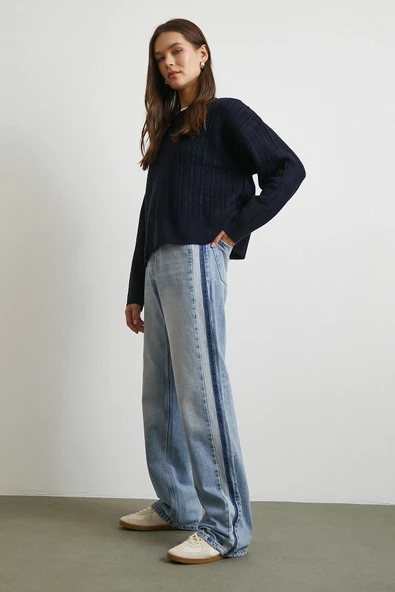 Yüksek Bel Şerit Detaylı Boru Paça Jean Mavi - Resim 4