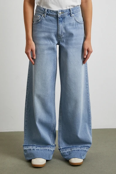 Paçası Katlamalı Geniş Paça Jean Buz Mavisi - Resim 5