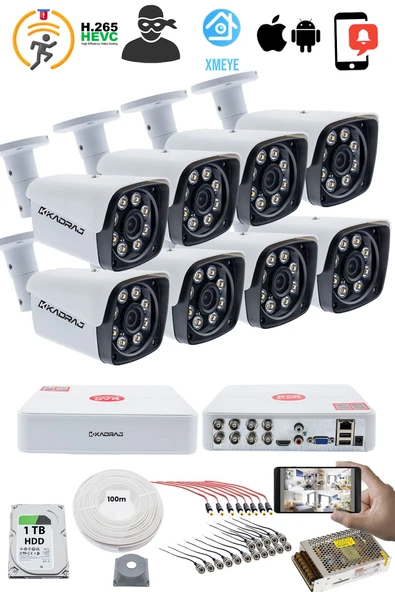 8'li Güvenlik Kamerası Seti - 5MP Sony SecuLensli 1080P Full HD AHD, 8 Ultra Warm LED, Gece Görüşlü, ColorVu Teknolojisi, Metal Kasa, Yüz Tanıma,V1 - Resim 2