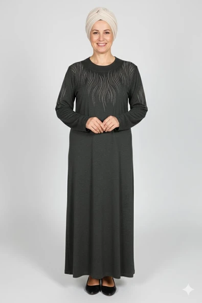 Hesna Kadın Elvan Kışlık Büyük Beden Boydan Baskılı Haki Elbise ürün görseli