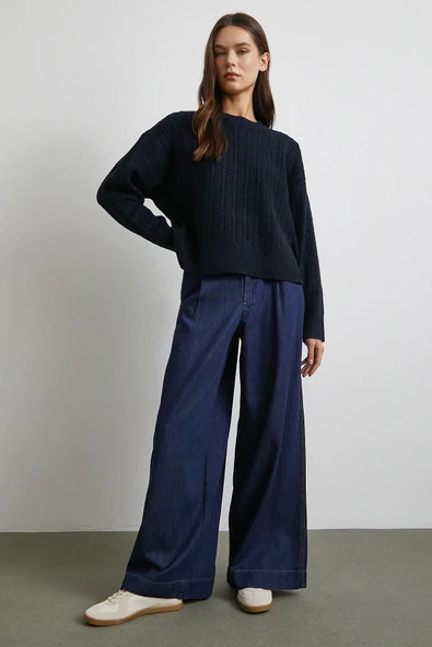 Yüksek Bel Geniş Paça Jean Lacivert ürün görseli 1