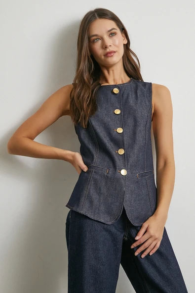 Bisiklet Yaka Metal Düğmeli Denim Yelek Lacivert ürün görseli 1