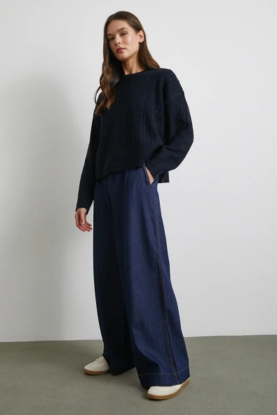 Yüksek Bel Geniş Paça Jean Lacivert - Resim 2