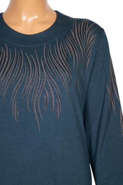 Hesna Kadın Elvan Kışlık Büyük Beden Boydan Baskılı Petrol Elbise - Resim 2