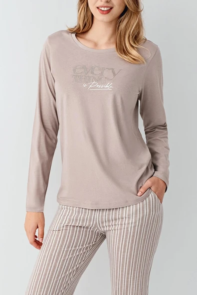 Arnetta Kadın %100 Pamuklu Açık Yaka Çizgili Uzun Kollu Rahat Pijama Takım - 3