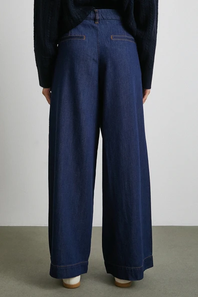Yüksek Bel Geniş Paça Jean Lacivert - Resim 6