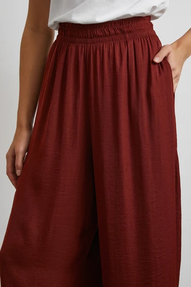 Beli Lastikli Dökümlü Geniş Paça Pantolon Kahve - Resim 5