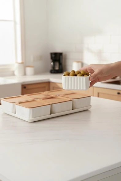 Atbyhome Valverdi - 6'lı 13 Parça Plastik Kahvaltılık Kahvaltı Seti Sunum Seti Bambu Görünüm - Resim 3