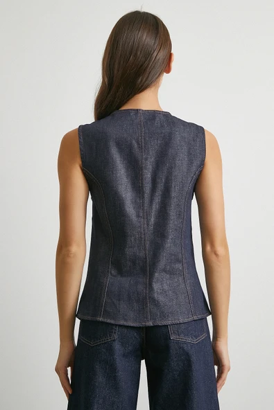 Bisiklet Yaka Metal Düğmeli Denim Yelek Lacivert - Resim 6