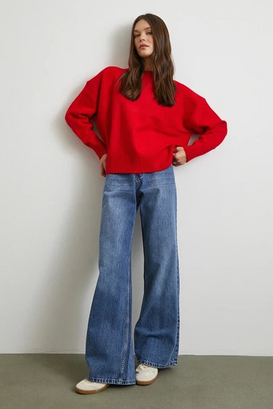 Yüksek Bel Wide Leg Jean Mavi - Resim 3