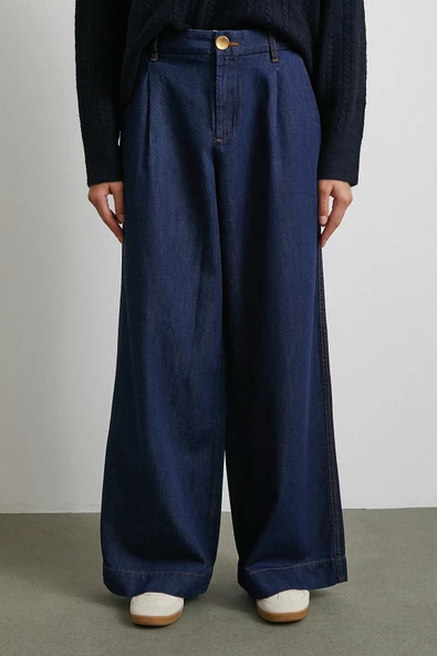 Yüksek Bel Geniş Paça Jean Lacivert - Resim 4