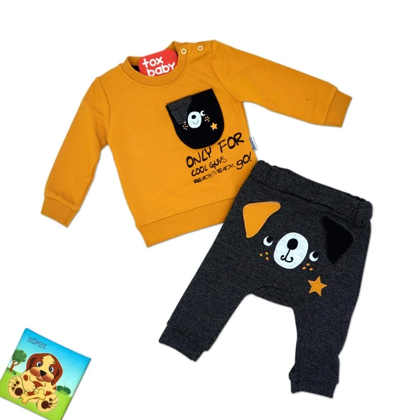 (2 Parça) Köpek Baskılı Cepli Hardal İkiip Mevsimlik Erkek 2li Bebek Takım (6,9,12,18 Ay)