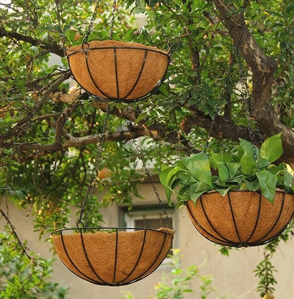 Bahçe balkon duvar asılı sepet çiçek hindistan cevizi elyaf asılı sepet metal 20 CM KÜÇÜK BOY - 4