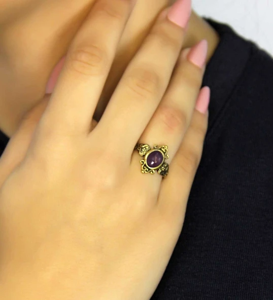 Doğal Taş Ametist Doğal Taşlı Antik Model Kadın Ayarlanabillir Yüzük euy78amt ürün görseli