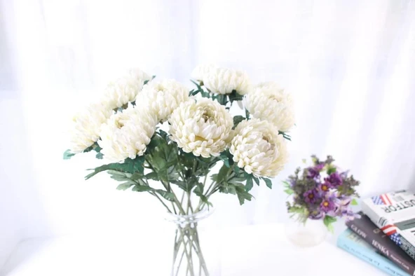 Yapay Çiçek Krizantem Beyaz 90cm Tek Dal Kumaş Çiçek Uzun Dal - 5