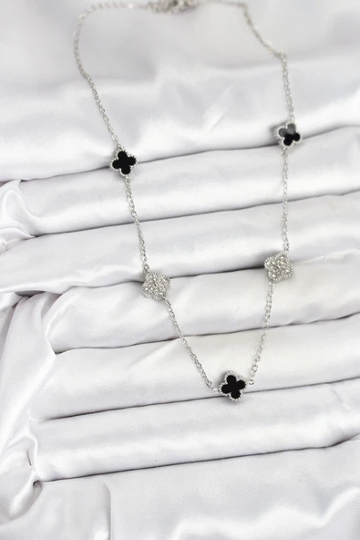 316L Çelik Zincir Gümüş Renk Siyah ve Zirkon Taşlı Baby Boy Yonca Kadın Kolye - Resim 2