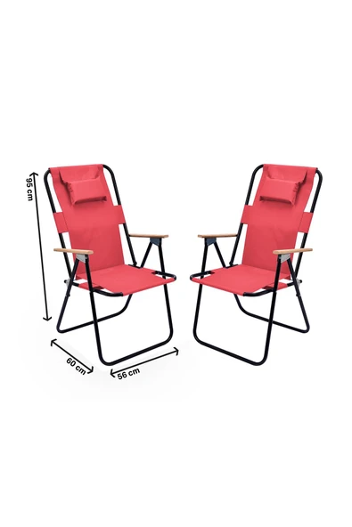 Exent 2' li Yastıklı yüksek sırtlı katlanır büyük boy kamp piknik sandalyesi, ağaç kollu-KIRMIZI ürün görseli