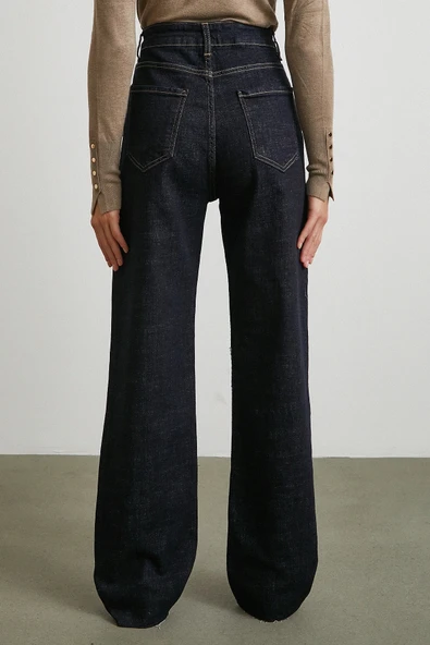 Yüksek Bel Kesik Boru Paça Jean Lacivert - Resim 6