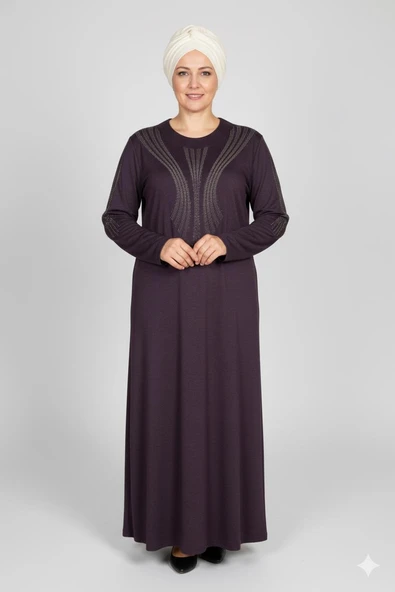 Hesna Kadın Elvan Kışlık Büyük Beden Boydan Baskılı Mürdüm Elbise ürün görseli