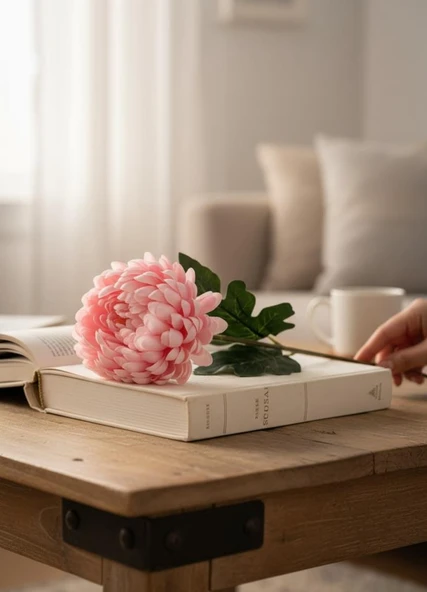 Yapay Çiçek Krizantem Pembe Açık 90cm Tek Dal Kumaş Çiçek Uzun Dal - Resim 3