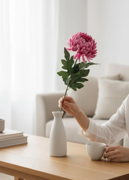 Yapay Çiçek Krizantem Fuşya 90cm Tek Dal Kumaş Çiçek Uzun Dal - Resim 5